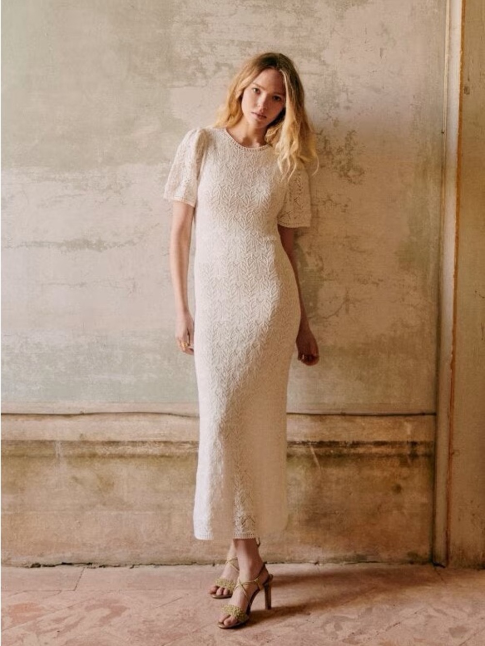 Sezane Izi Crochet Knit Midi Dress in Ecru